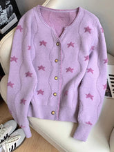 Stars Print Vintage Cardigan Women Casual Cute Long Sleeve Loose Knitted Sweater Korean Retro O Neck Female Purple Tops New voguable