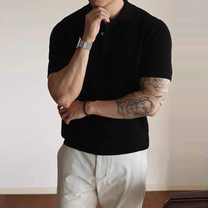 New Men's Clothing Light Luxury Business Polo Shirt Casual Slim-fit Knitted Solid Color Short Sleeve T-shirt High Quality Tops voguable
