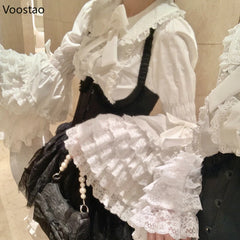 Victorian Vintage Lolita Style Shirts Women Gothic Y2k Bow Lace Ruffle Flare Long Sleeve Blouse Japanese Sweet Elegant Cute Tops voguable