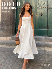 Elegant Square Collar White Long Dress 2025 New Summer A-line Sleeveless Tank's Dress Fashion Vacation Party Wedding Women Dress voguable
