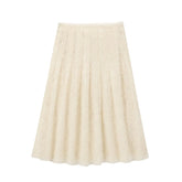 Women Semi-sheer Embroidered Sequin Skirt Vintage High Waist Pleated A-line Midi Skirts Faldas Mujer