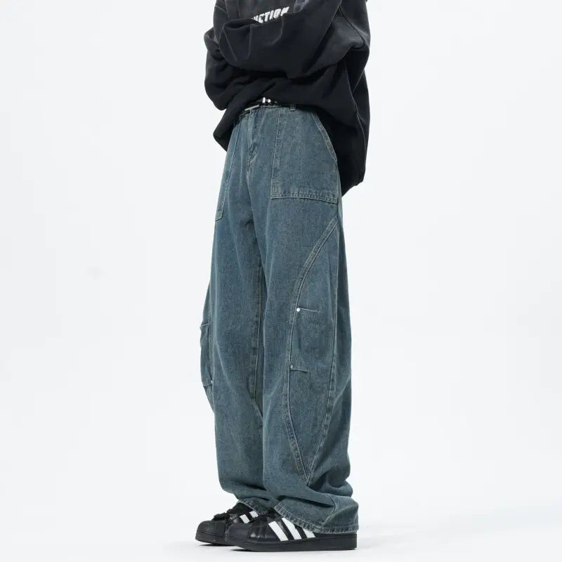 Patchwork style Men's Baggy Straight Jeans Personality unisex Fashion Korean High Street Denim Pants Streetwear Male Trousers