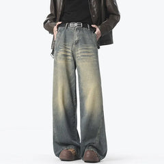 American Style Vintage Straight Jeans Men Retro Fashion Mopping Pants Unisex High Street Loose Casual Wide Leg Denim Pants