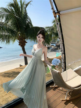 Sexy Elegant Pleated Long Dress For Women Summer V-Neck Backless Holiday Beach Lace-up A-Line Dresses Female Vestidos 2025 New voguable