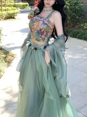 Voguable Vintage Strap Floral Vest Two-Piece Women's Improved Hanfu New Summer Suit Fashion Chic Y2K Sliming Sweet Suits Skirt voguable