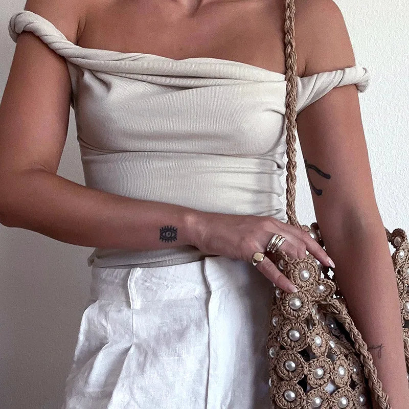 Off Shoulder Slim Fit Twist Top For Women Sexy Solid Fashion Sleeveless Patchwork Pullover Short T shirt Female Summer voguable