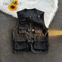 Voguable Japanese Cargo Multi Pocket Camisole Vest Cardigan for Men's Summer Oversized Tank Top Punk Streetwear Zipper Waistcoat voguable