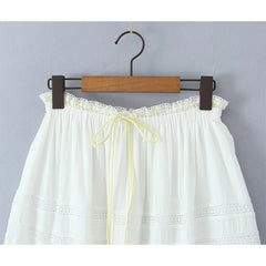Women French Style Romantic Spliced Lace White Long Skirt Ribbon Elastic Waist A-line Summer Skirts Holiday