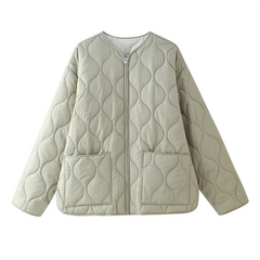Autumn New Women's Clothing Style Round Neck Loose Lightweight Pocket Decoration Cotton Jacket Quilted Coat Pbong