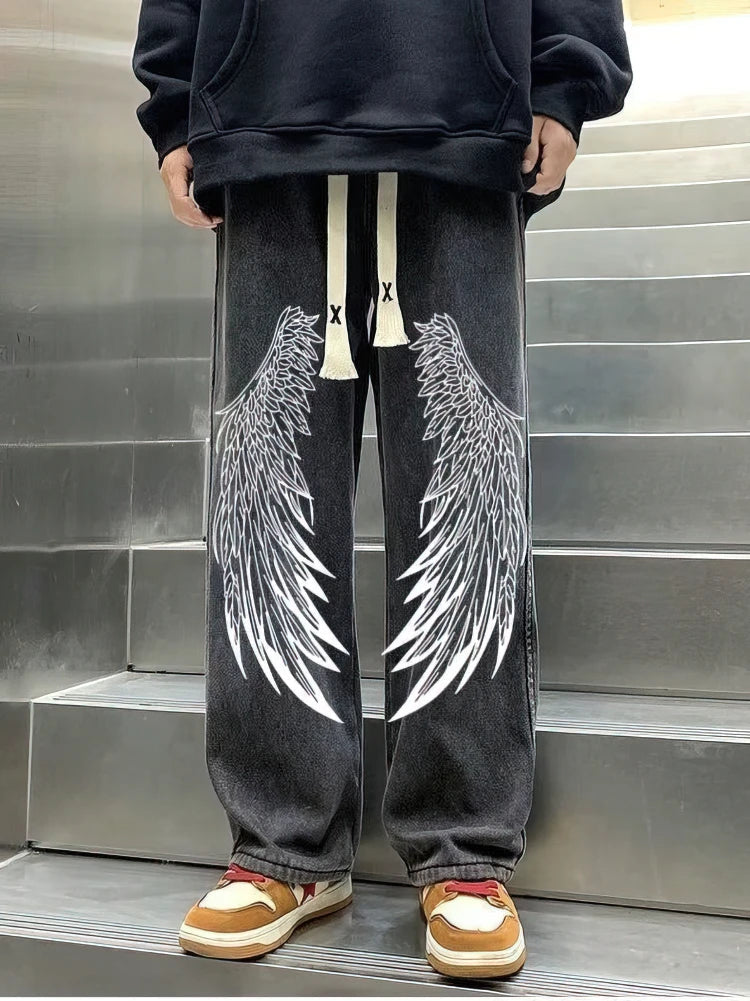 Voguable Black Y2k Feathers Print Jeans Men Streetwear Straight Wide Leg Baggy Denim Pants Techwear Fashion Hip Hop Drawstring Sweatpants voguable