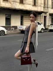 Voguable American Retro Design Feeling Bow Hanging Neck Vest Women's Summer New Suit A-line Short Skirt Two-piece Set Female Clothing voguable