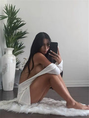 Women Sexy Backless Bikini Cover-ups Summer Ladies Long Sleeve Solid Color See Through Club Beach Mini Dress Beachwear