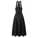 Vintage Elegant Black White Halter Midi Long Dresses Women A-line Slim Sexy Backless Dress Female Summer Party Robe voguable