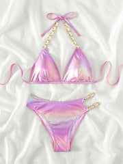 Voguable Push Up Bikini Micro Bikinis Set Pink Gradient Metal Strap Swimsuit Women Sexy Cut Out Bathing Suit High Waist Swimwear voguable