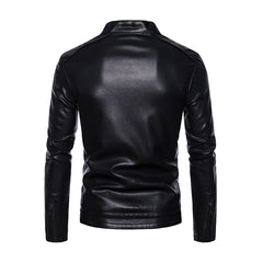 2022 PU Casual Leather Jacket Men Fleece Motorcycle Biker Slim Fit Outerwear Men Solid Stand Collar Leather Jackets voguable
