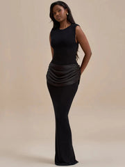 Sleeveless Ruched Sexy Maxi Dress For Women Gown Fashion Black O Neck High Waist Bodycon Club Party Long Dress Vestido voguable