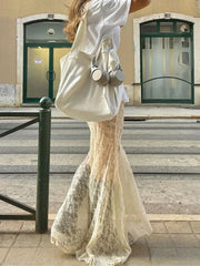 TARUXY Lace Mesh Splice Long Skirts For Women 2023 See Through Sexy High Waist Maxi Skirt Femme Club Hollow Out Skirts Ladies voguable