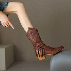 New Genuine Leather Retro Boots Women Zipper Mid Calf Boots Square High Heels Punk Chunky Cowboy Western Boots Female Shoes voguable