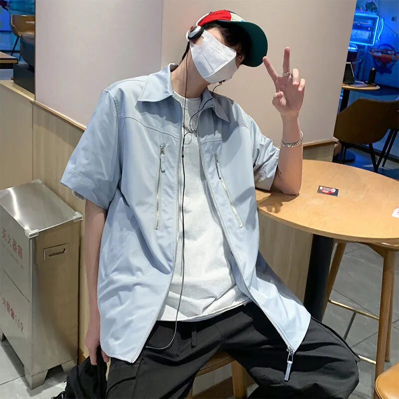 Summer Short Sleeved Shirt Men Blue Black Casual Shirt Man Streetwear Korean Loose Zipper Shirt Mens Fashion Shirts M-3XL voguable