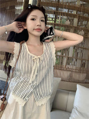 Striped Women Shirts Summer Lace Patchwork Loose Lace Up Casual Tops Korean Chic O Neck Sleeveless Button Blouse New voguable