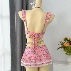 Voguable Cute Floral Print Bikini Set Bow Front Spaghetti Strap Top with Lace Trim Ruffle Skirt Cover Up Bikinis Set Swimsuit for Women voguable