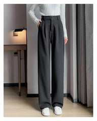 Voguable Winter Thick Loose Casual Female Wide Leg Pants Pure Color Chic Buttons Straight Slim Fashion Women Pants Black Apricot voguable