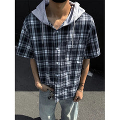 Summer Short Sleeved Shirt Men Fashion Retro Casual Hooded Shirt Men Streetwear Korean Loose Plaid Shirts Man Large Size 4XL voguable