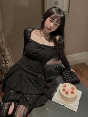 Lace Basic Causal Women Dress Square Collar Slim Waist Tunic All Match Dresses Y2k Aesthetic Sexy Fashion Elegant Vestidos voguable