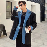 Voguable Trendy Denim Splicing Design Blazer Coat Men's Original High Street Color Contrast Stylish Jacket Korean 2024 New voguable