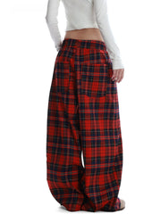 Voguable American Street Retro Design Red Plaid Casual Pants Loose Straight Leg Trousers Lazy Wide Leg Trendy Men's Women's Pants voguable