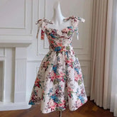 New Colorful Floral Print Retro Sweetheart Neck Women Dress Tie Shoulder Bowknot Decor Short Dresses Female voguable