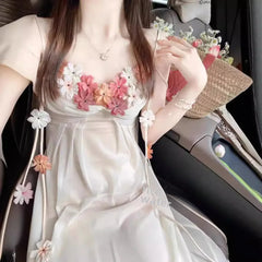 French 3D Flower Tank Dress Women's Summer Soft Mesh Long Dress White Open-back Waist-fitted A- line Skirt voguable