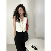 MEXZT Elegant Cropped Blazer Vest Women Vintage Black Suit Waistcoat Jackets Korean White Sleeveless Coat V Neck Outwears Tops voguable