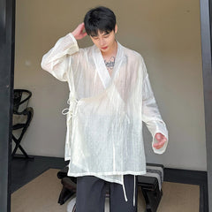 Voguable Drawstring Translucent Design Street Long Sleeve Shirt 2024 Men Stylish Original Elegant Trendy Tops voguable