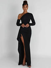 Oblique Shoulder Thigh High Split Maxi Dress Women Long Sleeve Backless Bodycon Sexy Club Party Long Dress Vestidos voguable