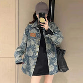 Voguable Women Vintage Denim Shirts Loose Casual Floral Patch Designs Long Sleeve Blouse Korean Button Retro Autumn Streetwear New Coats voguable
