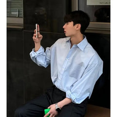 Voguable Spring New Korean Light Blue Shirt Men Oversized Solid Color Lapel Button Pocket Loose Business Casual Long Sleeve Men Shirts voguable
