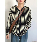 Voguable Autumn New College Style Stripe Hooded Sweater Coat Women's Contrast Color Zipper Pockets Loose Lazy Long Sleeved Knit Cardigan voguable