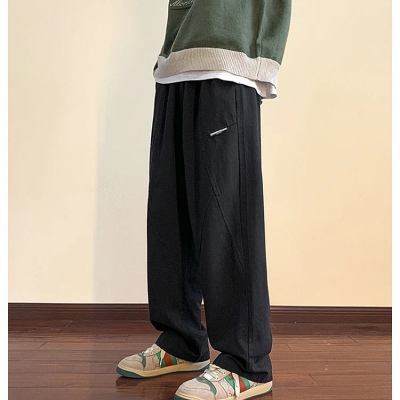 Autumn Winter New Fashion Elastic Waist Drawstring Pockets Solid Men's Clothing Wide Leg Trousers Korean Trend All-match Pants voguable