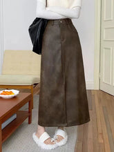Vintage Pu Leather Split Midi Skirts Women Y2K High Waist Streetwear All Match Hip Skirt Korean Solid Casual Ladies A Line Skirt voguable