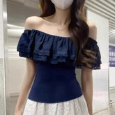 Voguable Women's Navy Blue Off-Shoulder Blouse Ruffled Lace Trim Slim Fit Short Sleeve Casual Elegant Daily Fashion Top voguable