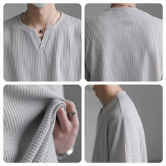 New Men Waffle Short Sleeve Fashion V-neck Loose Solid color T-shirt Cool Lightweight Casual Fitness Trends T Shirts 3 Colors voguable