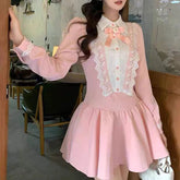 Voguable Women's Vintage Lace Patchwork Bow Sweet Princess Party Dresses Harajuku Y2K Lolita Kawaii Long Sleeve Mini Dress Sexy Vestidos voguable