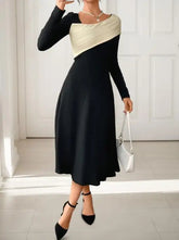 Voguable Spring/Summer New Versatile, Sexy, Elegant, Waist Tight, Large Swing Irregular V-neck Color blocked Dress voguable