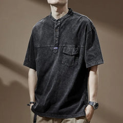 Voguable Nostalgic Washed Summer New Polo Shirt Men's Heavy Fermentation Short-sleeved T-shirt Loose O-neck Half-sleeved T-shirt voguable