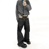 Hip Hop Patchwork Straight Jeans Black High Street Pocket Pants Japanese Harajuku Fashion Casual Loose Mopping Wide-leg Jeans