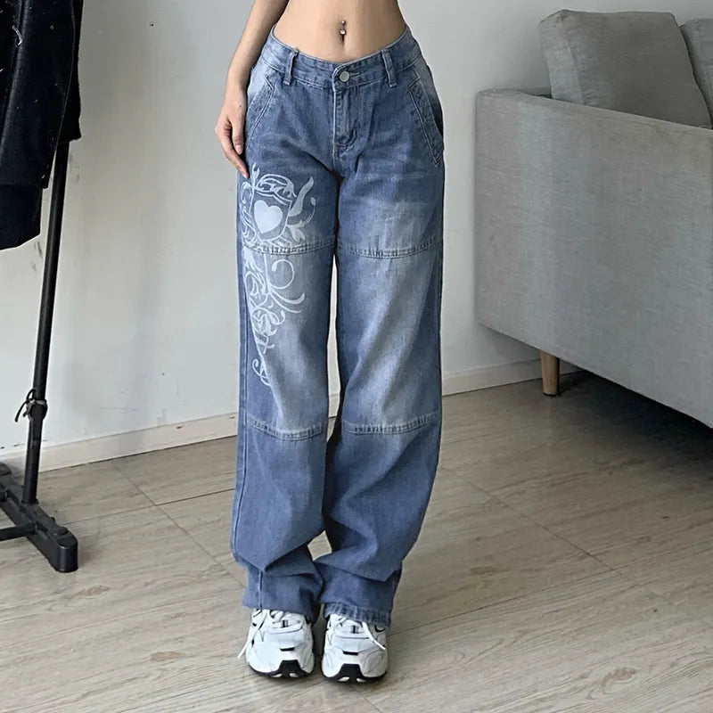 Harajuku printed Cargo Jeans Y2K Dark Blue brown High Waist Streetwear 90S Baggy Jeans Women Pants Straight wide leg jeans voguable