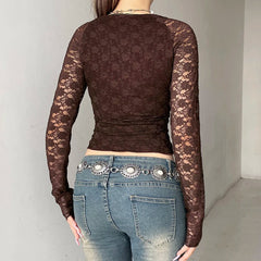 Brown Transparent Lace Sleeve Crop Top Grunge y2k Floral Print Square Collar T-shirt Women Retro Shirt Vintage 2000s Tees voguable
