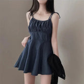 Voguable Slimming Summer Vintage Pleated A-Line Dress Women's Trendy Strapless Cotton High Waist Short Skirt Casual Style voguable
