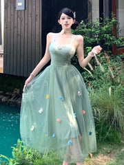 Women's Fairy Spaghetti Strap Midi Dresses Elegant French Mesh 3D Floral Sexy Halther Lace-up Vestidos Beach Holiday Chic New voguable